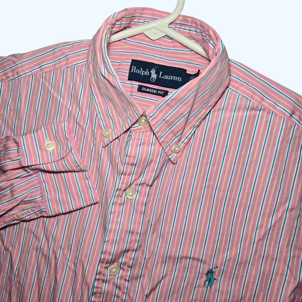 Ralph Lauren Classic Fit Mens Pink Yellow Teal Striped Button Down Shirt Medium